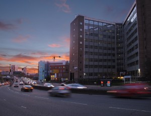 Rush hour past the building